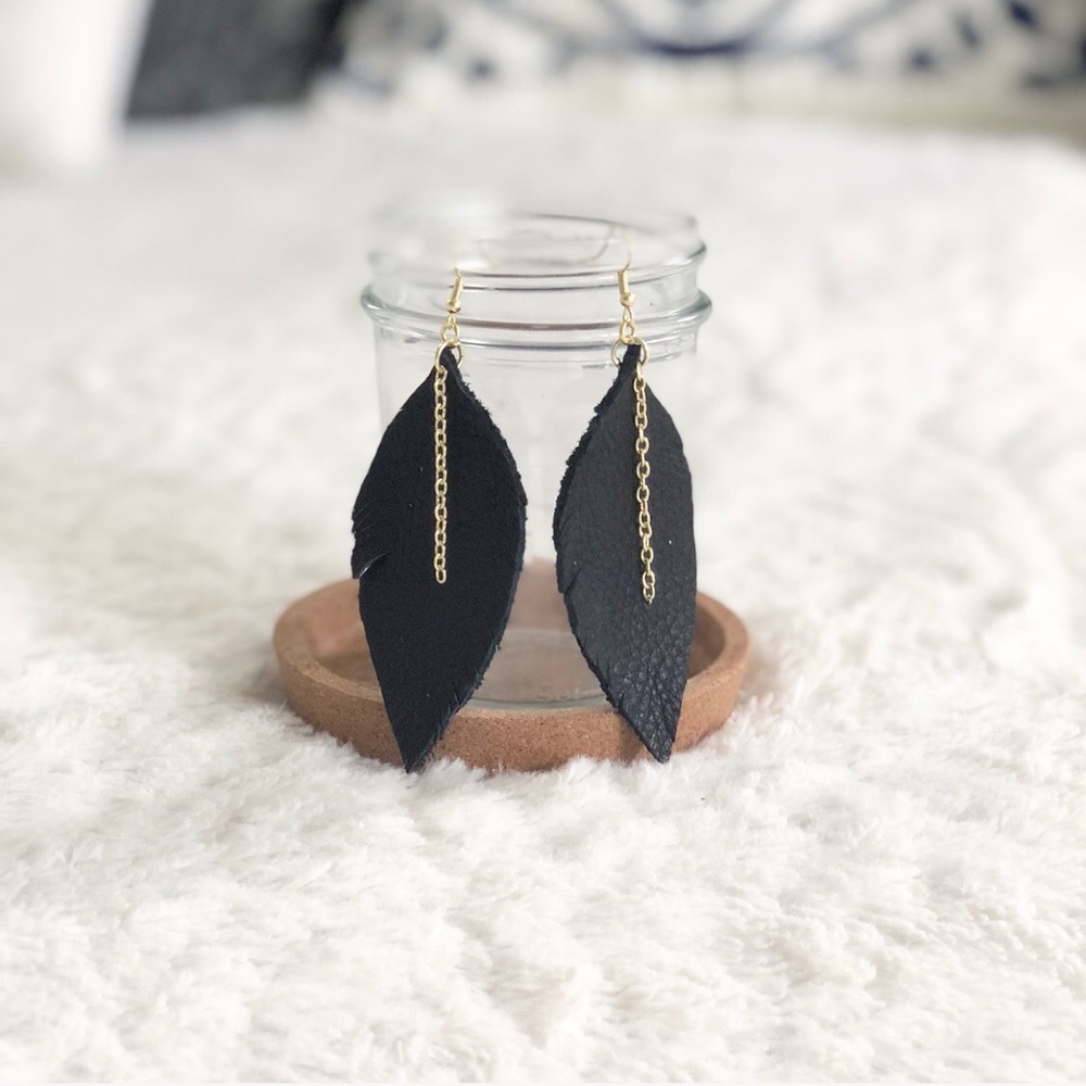 NEW black leather feather earrings